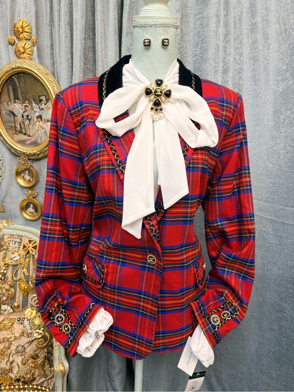 Women's Red Plaid Blazer with Earrings and Brooch